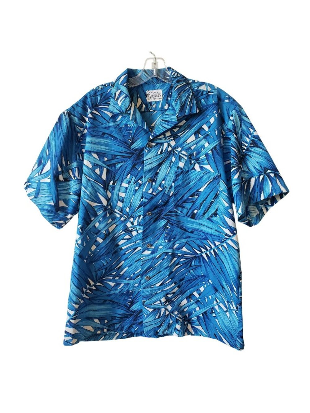 Vintage Evelyn Margolis Hawaiian Print Blue Palm Leaf Shirt Vtg Resort Hawaiiana